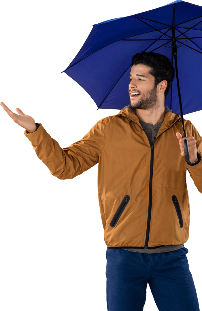 Man with Blue Umbrella Checking for Rain on Transparent Background