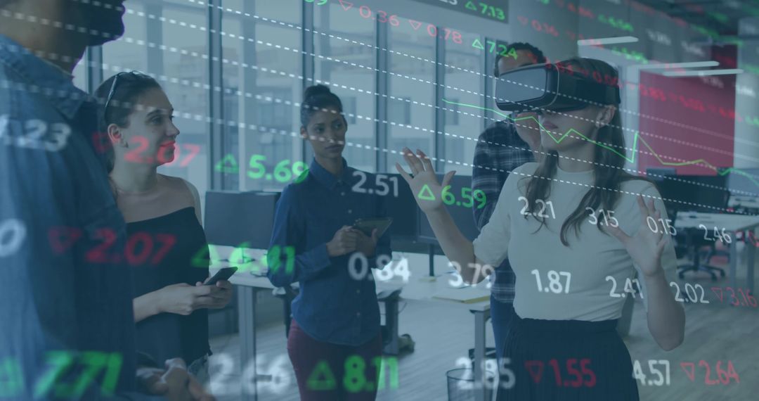 VR User Demonstrates Interactive Stock Charts in Modern Office