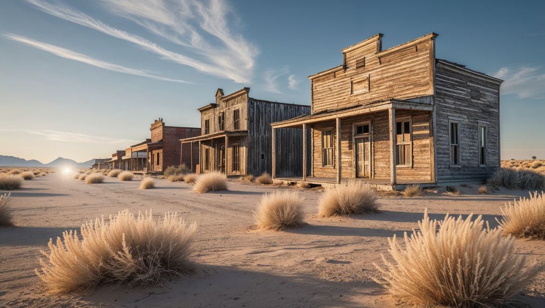 Deserted western town with tumbleweed resting in barren landscape at sunset