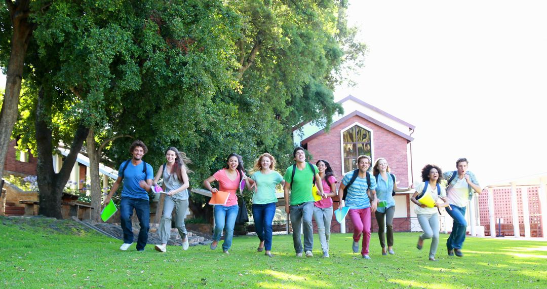Joyful College Students Running on Campus in Summer