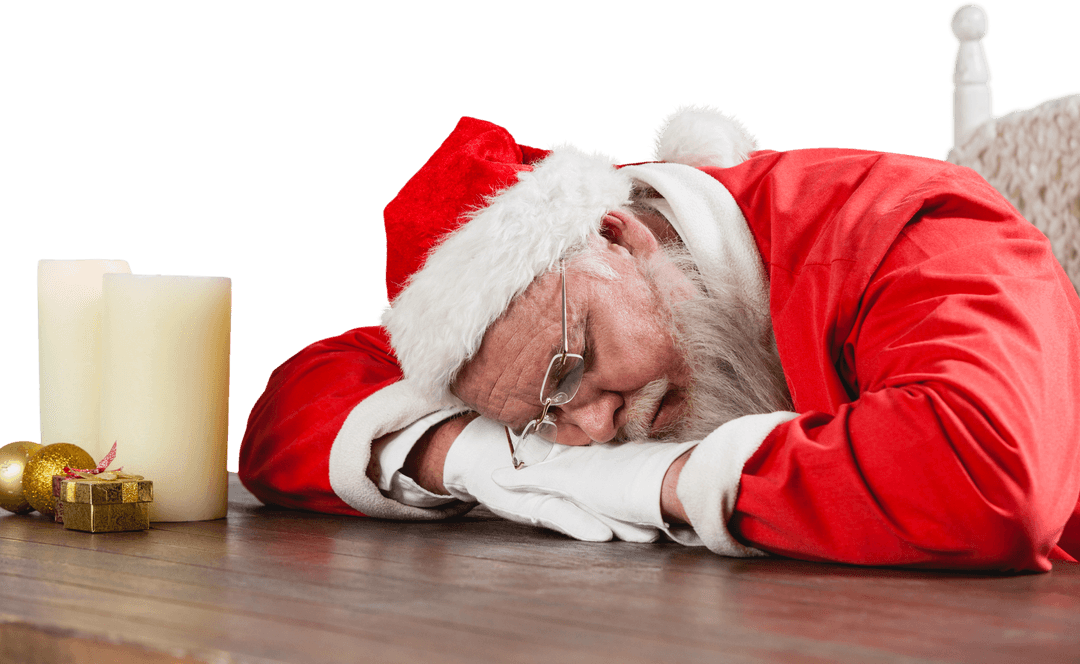 Transparent Background Sleepy Santa Claus Resting at Desk