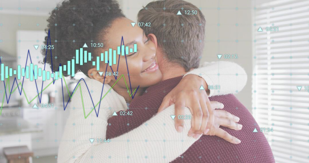 Couple hugging in cozy kitchen with digital financial charts and data overlays