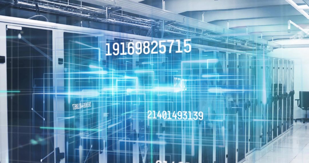 Modern Server Room with Digital Data Code Overlay