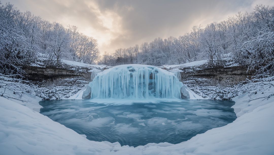 Frozen waterfall cascading over icy ledges into turquoise plunge pool at snowy gorge