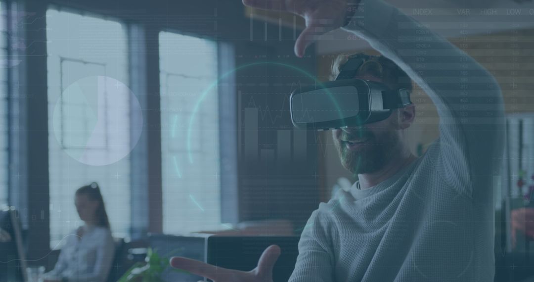 Businessman Using VR Headset for Financial Data Visualization