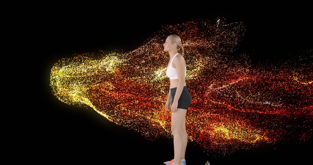 Female Runner in Starting Blocks with Dynamic Particle Trail