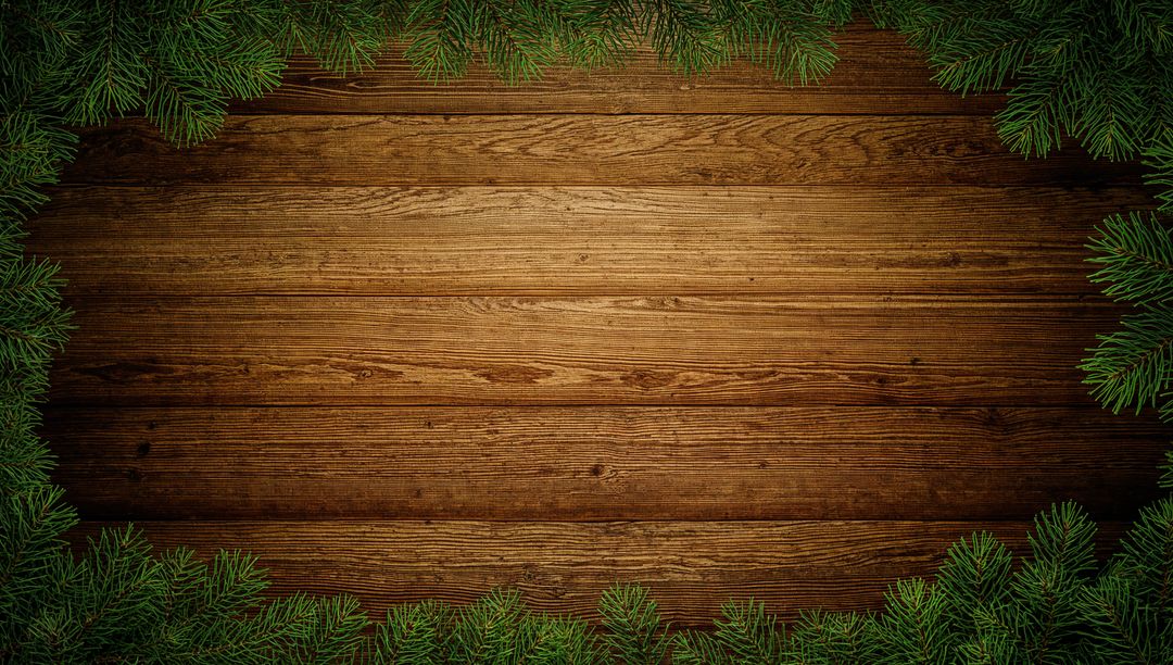 Rustic Wooden Table with Festive Pine Branch Border