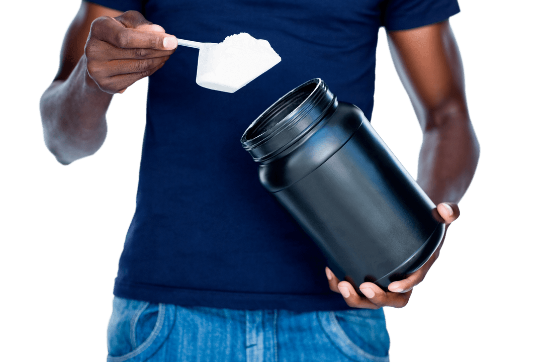 Close-Up of Athlete with Protein Supplement and Scoop on Transparent Background