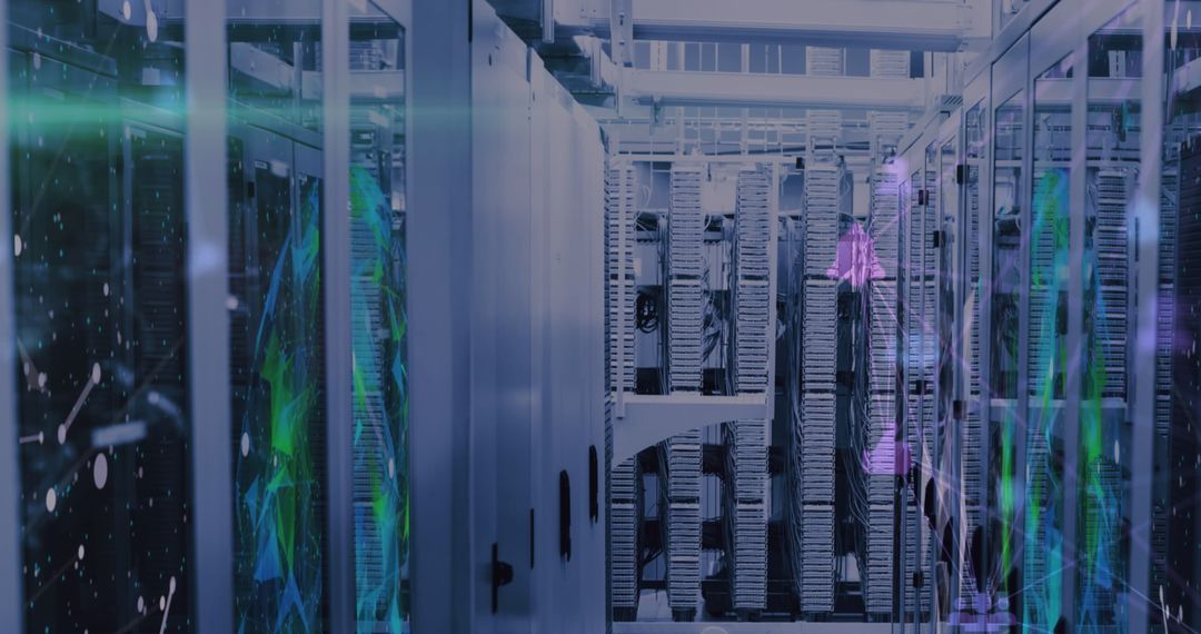 Modern Data Center with Futuristic Digital Overlay Effects