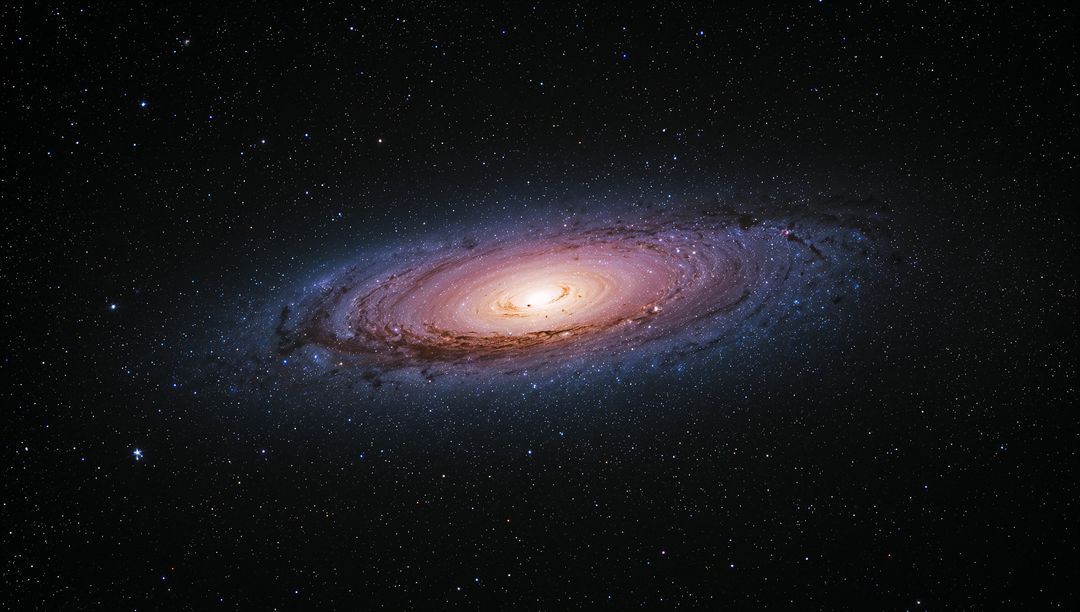 Spiral galaxy tilting and glowing with luminous core and dark dust lanes