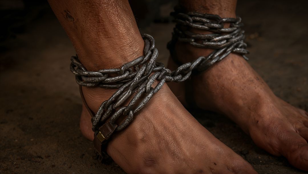 Showing bound bare ankles wrapped in heavy rusted chains and padlock on gritty dirt floor