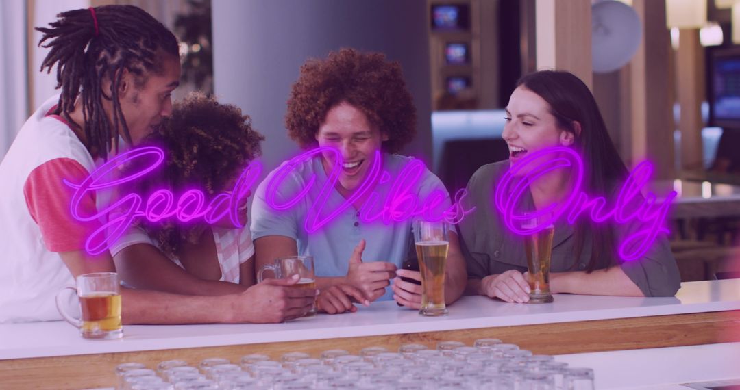 Friends Enjoying Drinks with Good Vibes Only Text Overlay