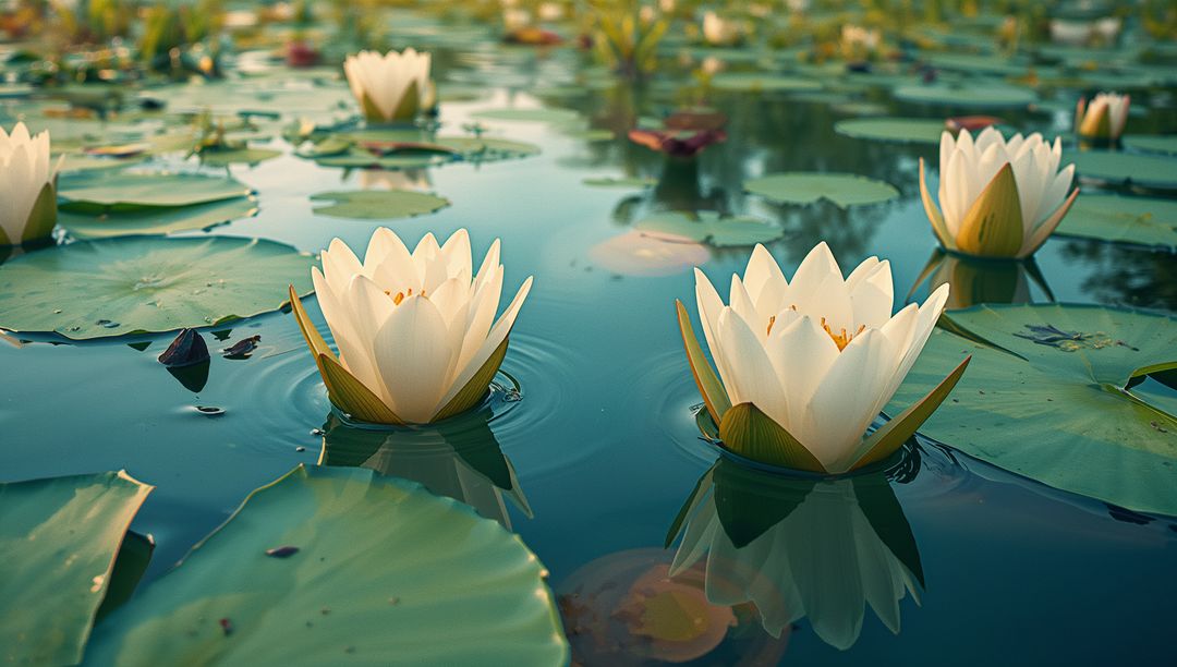 Serene Floating White Water Lily Among Green Pads in Tranquil Pond