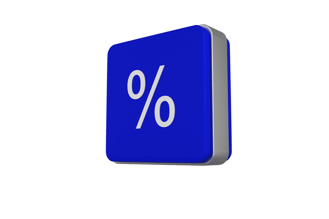 3D Blue Block with Percent Symbol on Transparent Background