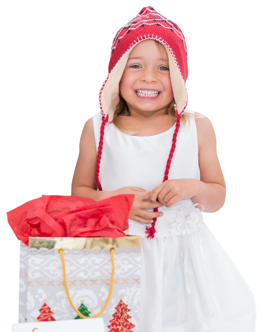 Cheerful Girl in Festive Hat with Holiday Gift Boxes Transparent - Download Free Stock Images Pikwizard.com