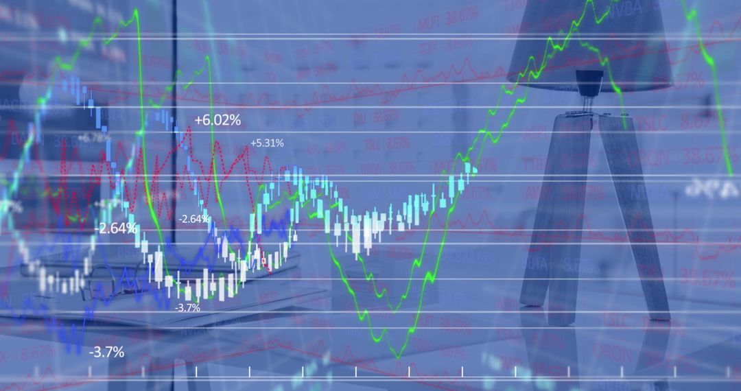 Composite Financial Data Chart Superimposed on Modern Workspace Scene