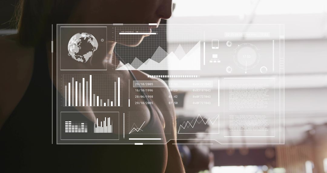 Mid-adult woman monitoring fitness performance with HUD analytics and wearable biomometrics