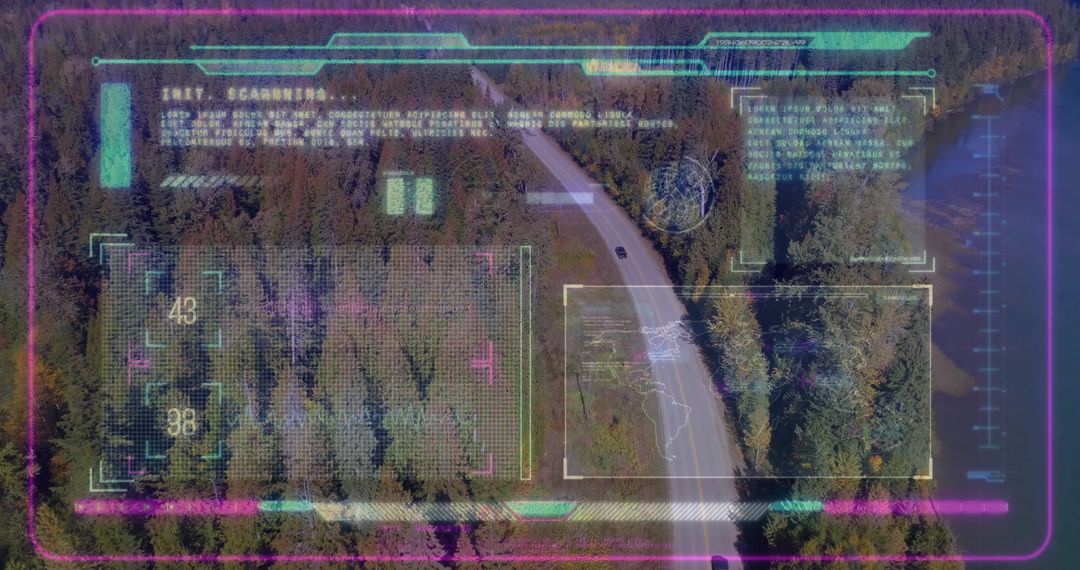 Aerial Road Exploration with Neon Digital Overlay Interface