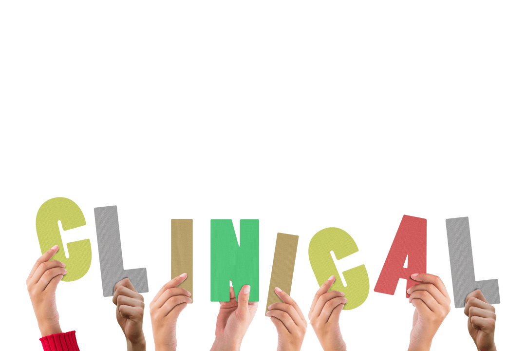 Hands Holding Colorful 'Clinical' Text on Transparent Background