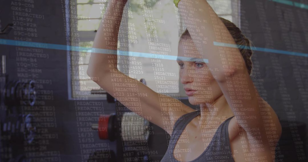 Woman Exercising in Gym with Futuristic Code Overlay
