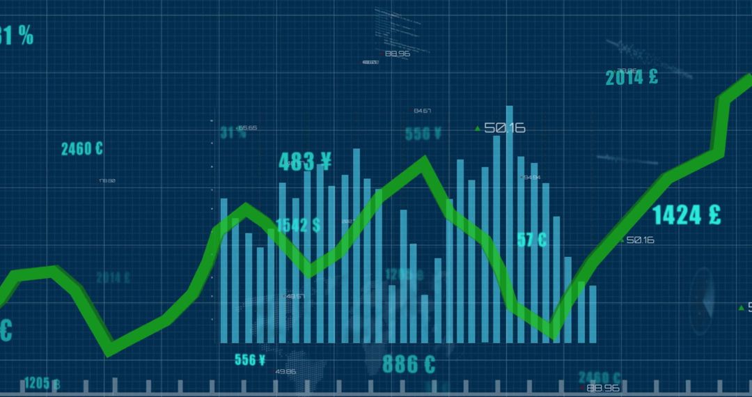 Green Line Chart Overlay on Dark Financial Data Background