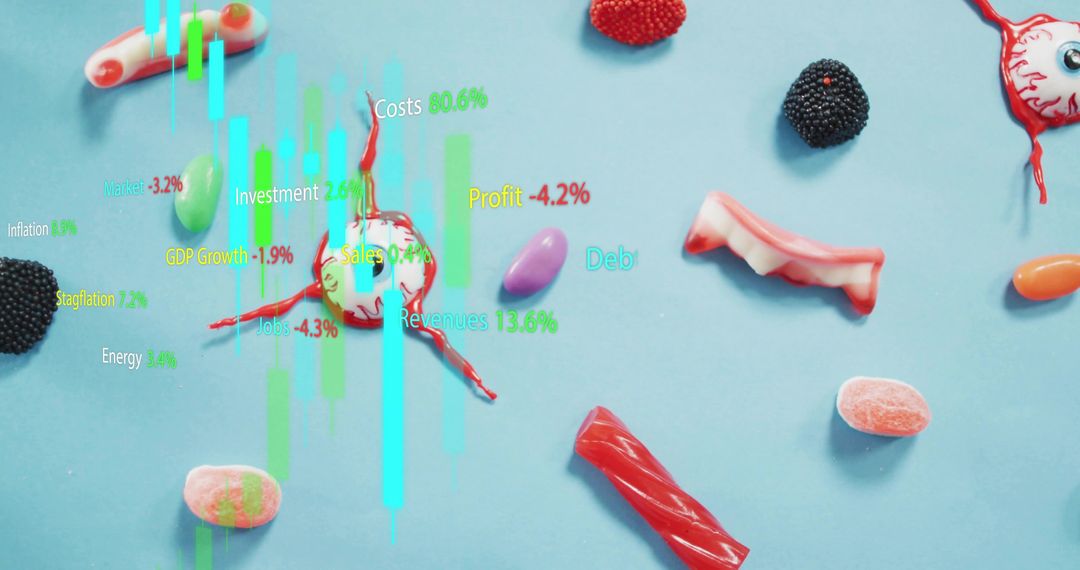 Smashed red-white candy oozing syrup with dentures and neon financial chart overlay
