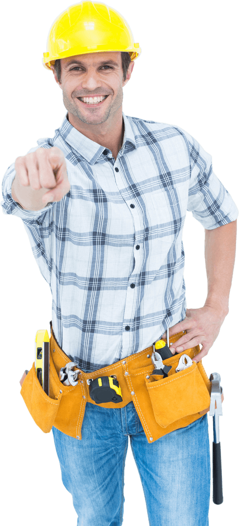 Smiling Handyman Pointing with Confidence on Transparent Background