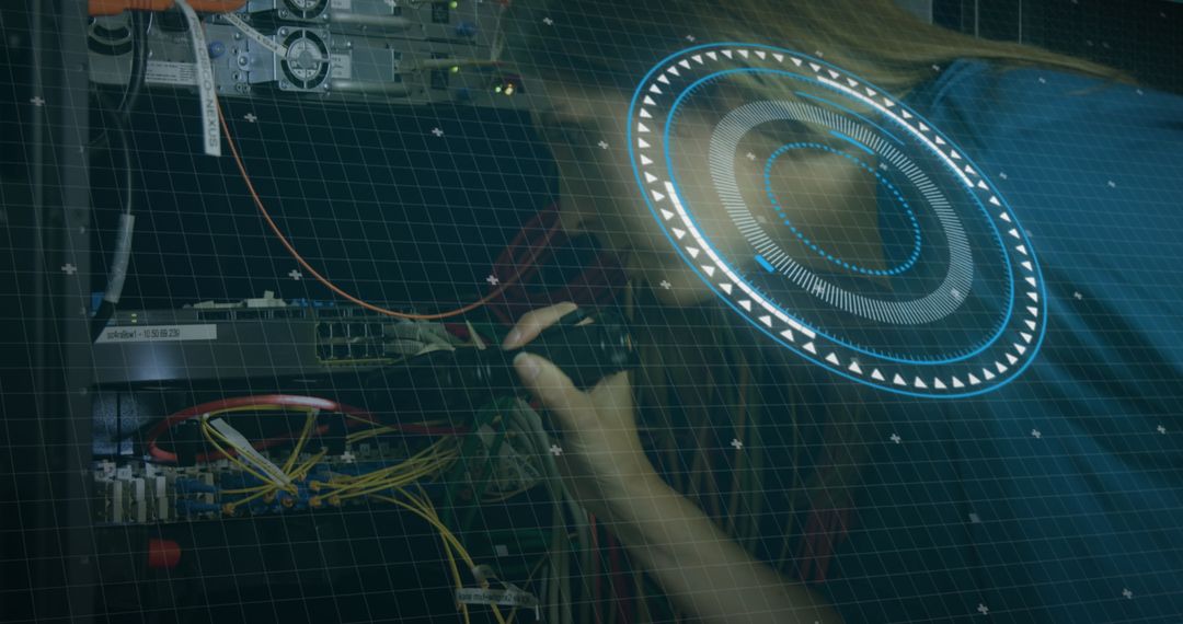 Female Engineer Analyzing Server with Digital Overlay