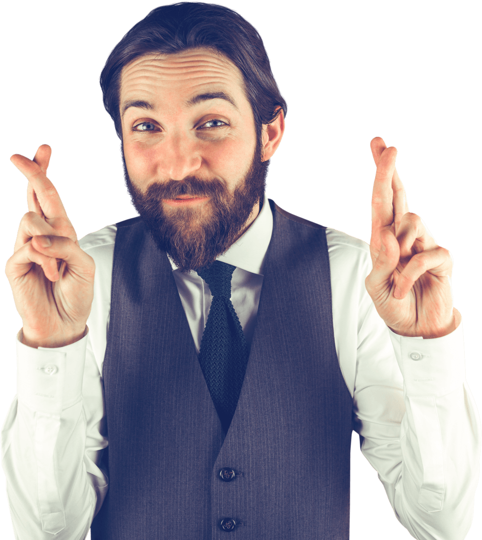Transparent Friendly Bearded Man Crossing Fingers Sign Gesture