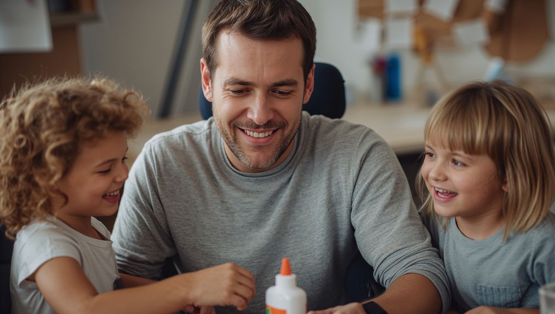 Father Engaging Daughters in Creative Crafting Activity at Home