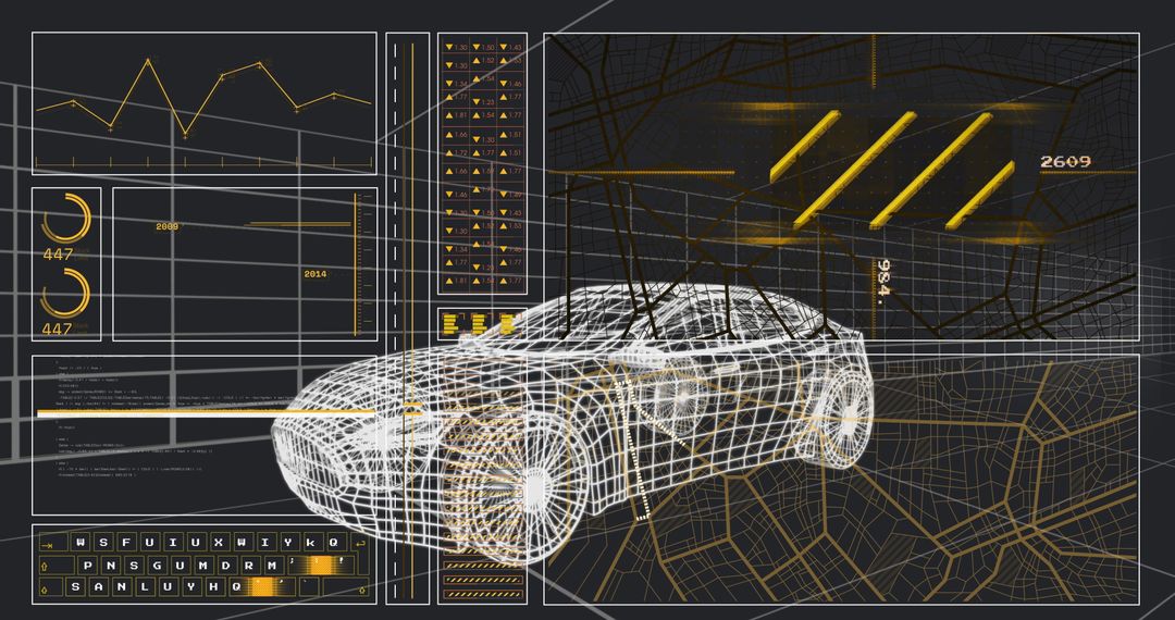 Futuristic 3D Wireframe Car Model within Digital Interface