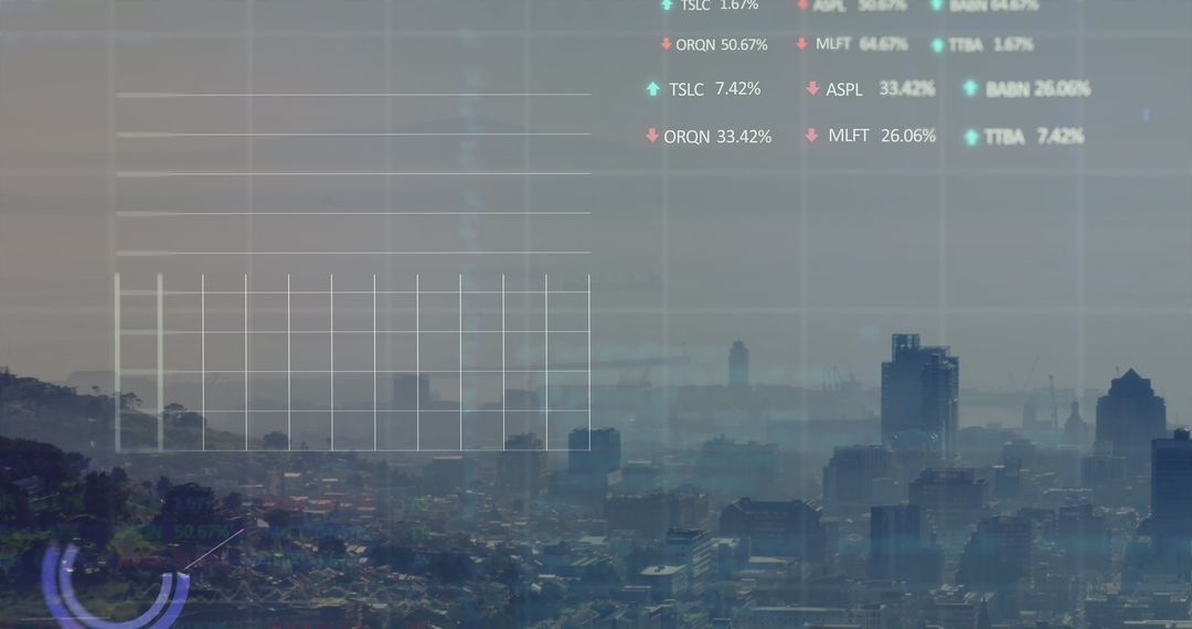 Digital Financial Data Overlay on Urban Skyline