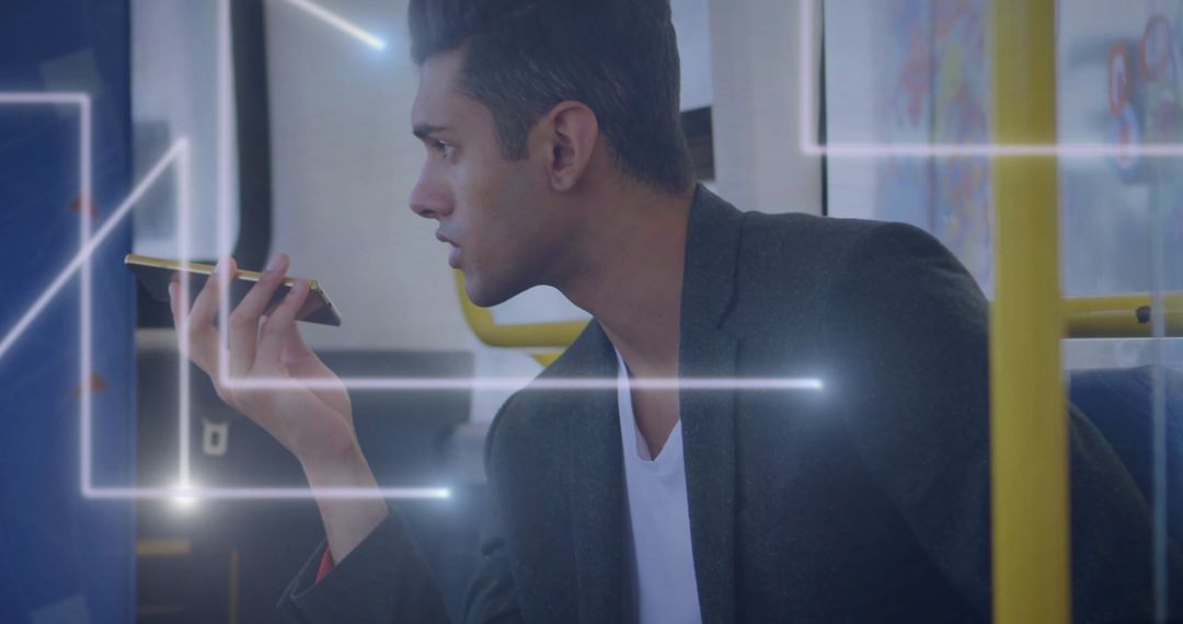 Man on Public Transport Speaking into Smartphone with Digital Network Overlay