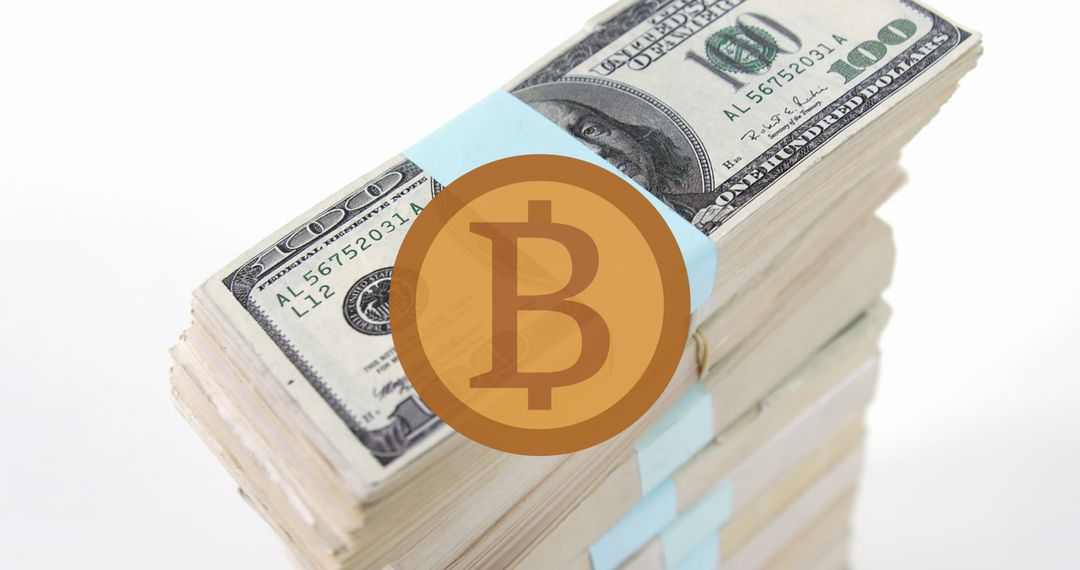 Bitcoin Symbol on Stack of US Dollar Bills Reflecting Cryptocurrency Value