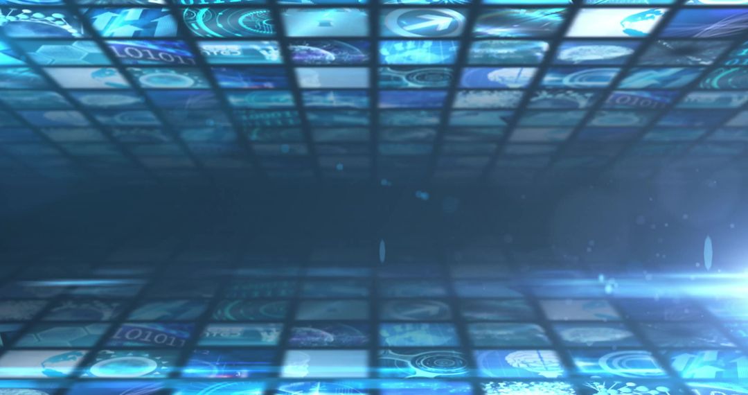 Futuristic Digital Grid with Glowing Data Icons and Screens