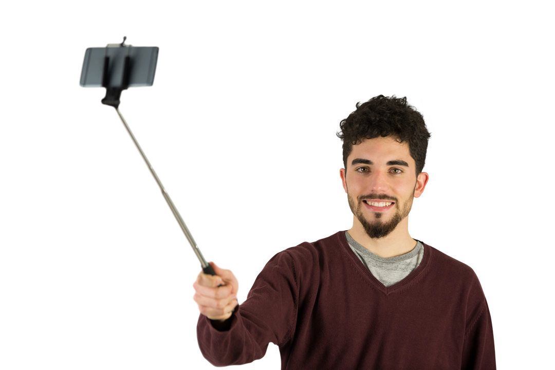 Smiling Young Man Taking Selfie with Selfie Stick on Transparent Background - Download Free Stock Images Pikwizard.com