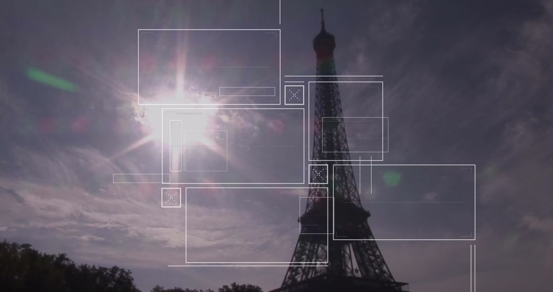 Abstract Digital Interface Overlaying Eiffel Tower