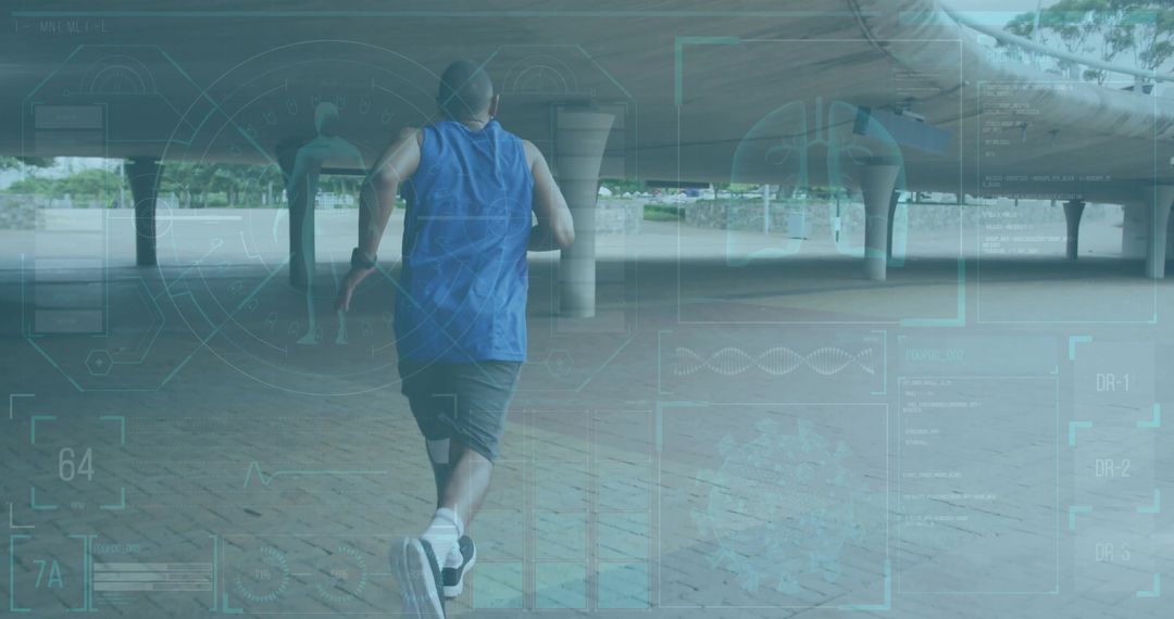 Urban runner passing under curved overpass with futuristic HUD overlay for fitness tech