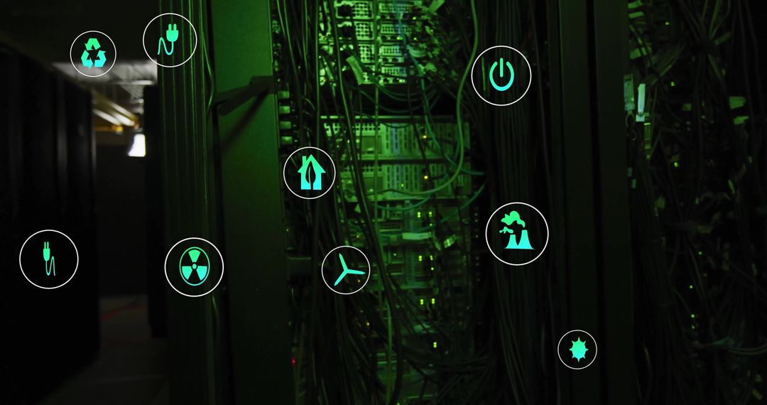 Green Technology Icons Over Data Center Server