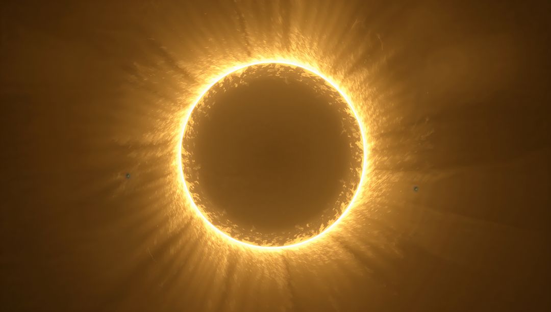 Solar Eclipse with Radiant Golden Corona, Dark Occluding Disc and Transiting Planets