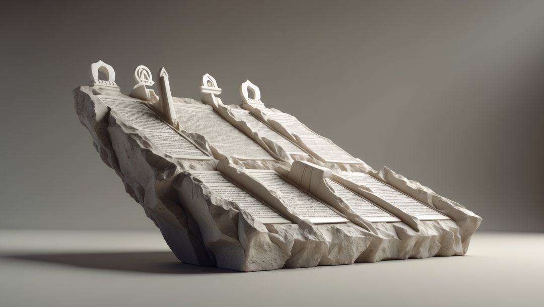 Minimalist abstract stone sculpture with engraved tablets