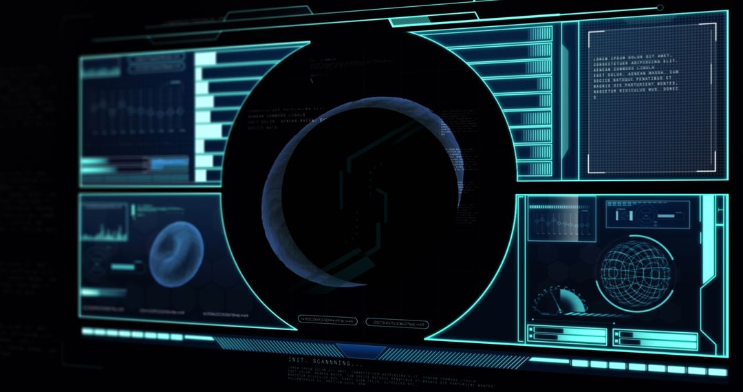 Futuristic Digital Interface with Data Visualizations and Holographic Elements