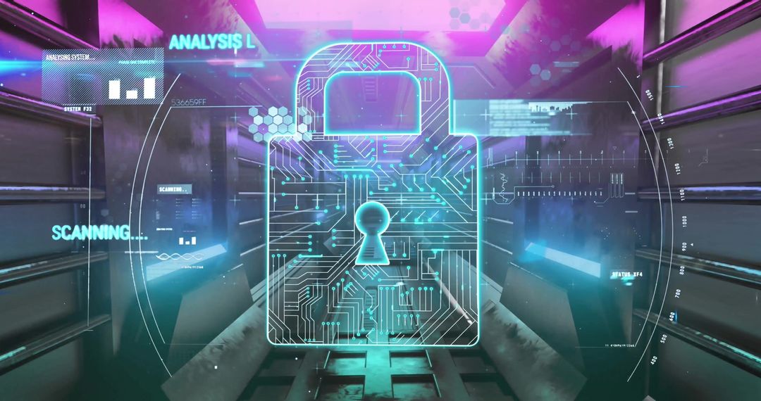 Futuristic Padlock Icon Over Digital Interface with Data Streams
