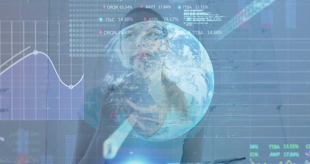 Data Analyst Interacting with Futuristic Globe and Holographic Charts