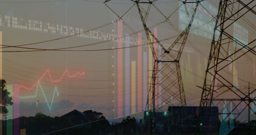 Power Lines With Financial Graphs Overlay Technology Theme