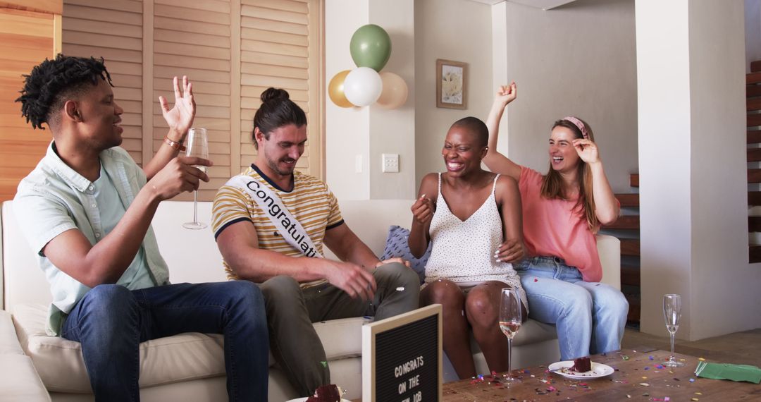 Joyful Home Celebration with Friends Enjoying Cake and Confetti