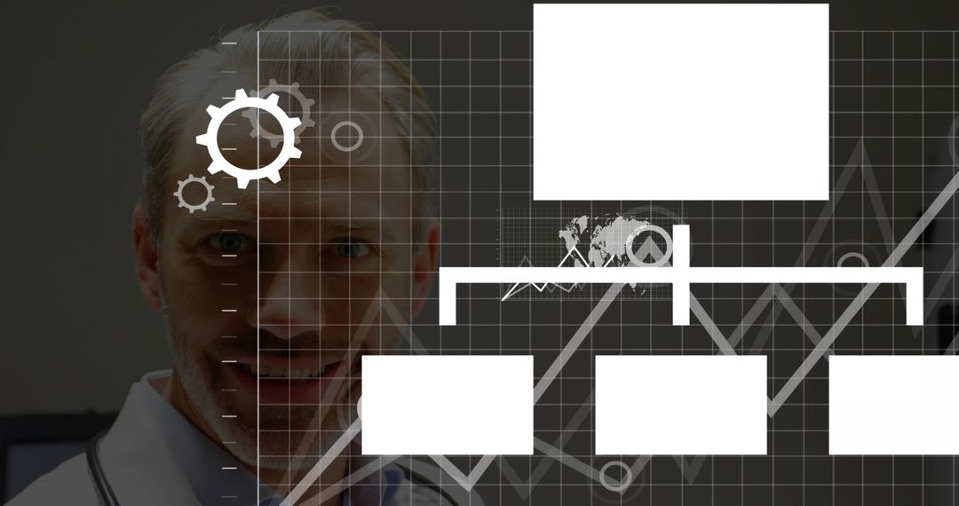 Male doctor examining digital medical dashboard with analytics and workflow overlays