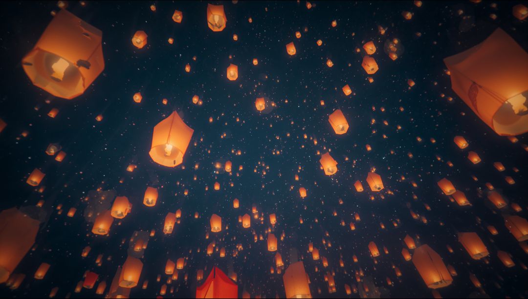 Glowing Lanterns Ascend in Tranquil Night Sky Celebration