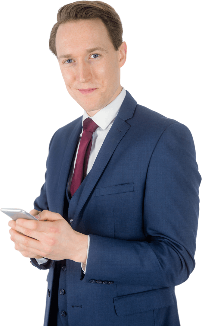 Confident Businessman Holding Smartphone with Transparent Background
