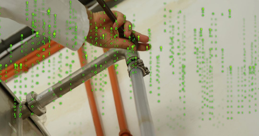 Technician Securing Pipeline Amidst Streaming Binary Code